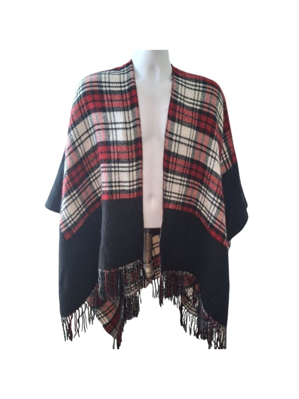 Womens Plaid Poncho Ruana Wrap Black Red Tartan Fringe Boho Coastal Grandmother